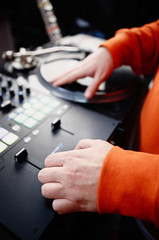 Obraz na płótnie Canvas Professional dj audio equipment on concert in night club