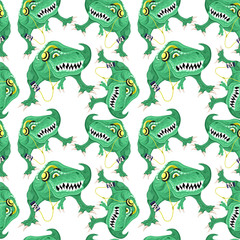 Seamless pattern with green dinosaurs on a white background.