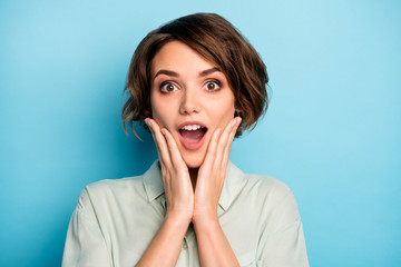 Closeup photo of attractive business lady short hairdo good mood open mouth listen boss promoted...