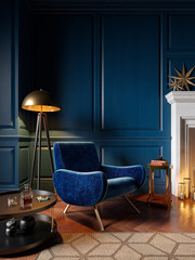 Classic royal blue color interior with armchair, fireplace, candle, floor lamp, carpet. 3d render illustration mock up.