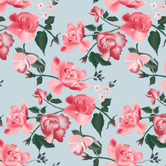 Retro roses realistic pattern. Modern red roses romantic plant texture with green leaves, fabric design