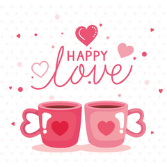 happy valentines day card with cups coffee and decoration vector illustration design
