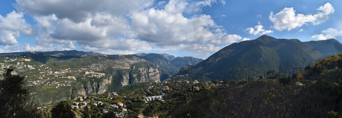 panoramic view of landscape in mount Lebanon around the village of yahchouch with the canyon and...