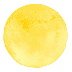 Abstraction hand drawn yellow watercolor circle isolated on white background.