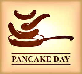 Pancake day a card with a pan over which pancakes are turned