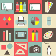 Design Vector Icon Set. Color Vector Illustration. Contains icons such as camera, monitor, color palette, marker, mouse, tube of paint, graphics tablet, printer