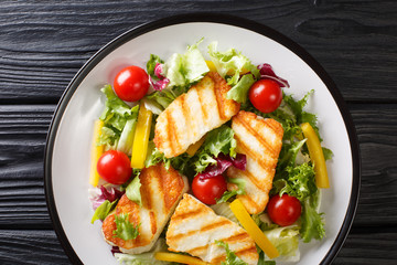 Tasty snack salad Grilled halloumi cheese filed with fresh vegetables close-up on the plate. Horizontal top view