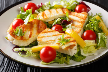 Grilled halloumi cheese served with fresh vegetables close-up in a plate. horizontal