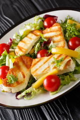 Mediterranean salad with grilled halloumi cheese with tomatoes, peppers and lettuce closeup on the plate. horizontal