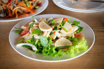 Pork sausage salad, thai tradition food delicious and spicy.