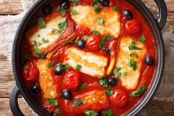 Cyprus food baked Halloumi with tomatoes, peppers, olives in a spicy sauce close-up in a pan. Horizontal top view