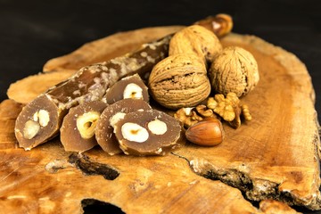 Churchkhela or Churchkela, the traditional Georgian homemade sweets with nuts. Sweet food. Traditional folk food.