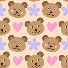 Seamless pattern with cute bear face, hearts and flowers