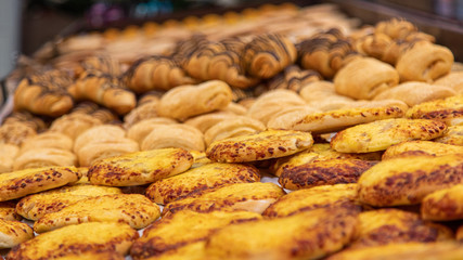 Variety of baked products at a supermarket