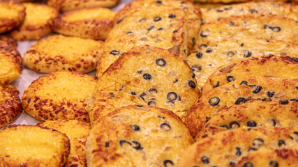 Variety of baked products at a supermarket