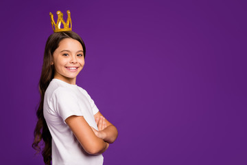 Profile side view portrait of her she nice attractive lovely successful cheerful wavy-haired girl wearing crown folded arms isolated on bright vivid shine vibrant purple violet lilac color background
