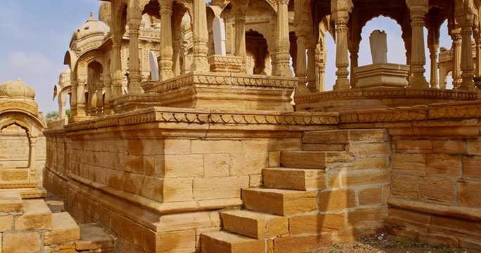 Bada bagh cenotaphs (Hindu tomb mausoleum) made of sandstone in Indian Thar desert. Jaisalmer, Rajasthan, India