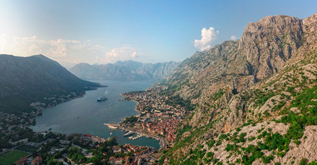 Aerial view of the Bay of Kotor, Boka. Old city of Kotor, fortifications. Mountain of St.John and the fortress. Tourism and cruise ships. The bay is the largest fjord  in the Mediterranean. Montenegro