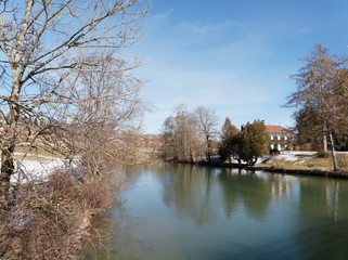 Gmund am Tegernsee in Upper Bavaria (Oberbayern) seen from Mangfall river in winter