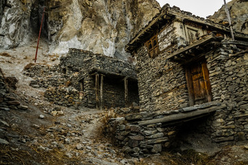 Old houses in Bhraka (Braga) village. Marshyangdi river valley, Annapurna circuit trek, Nepal.