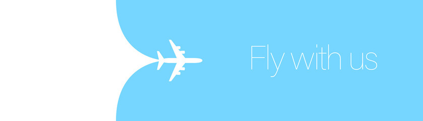 Airplane opening wide panorama background behind itself. Simple stylish background for air travel, cruises, tours. Business card, banner for a trip abroad on vacation. Airport advertising.