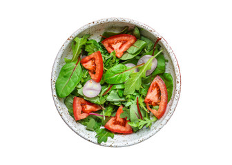 healthy salad (tomato, mix leaves, onions and other ingredients) vegan top, keto or paleo menu concept. food background. copy space