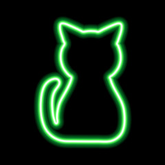 Green neon sign of sitting cat on black background