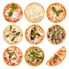Big set of the best Italian pizzas isolated on white background. Pizza Al Salmon, carbonara, Quadro Formaggi, Hawaiian, Pizza Mariner, Calzone, Pepperoni, Pizza Florence , Pizza Melanzana