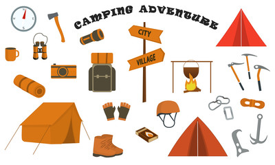 Large set of colored Camping Adventure icons with tens, gear, signboard, campfire, boots and rucksack, vector illustration on white