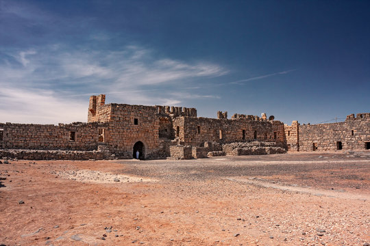 View of the archaeological ruins of Qasr Al Azraq castle in Jordan.