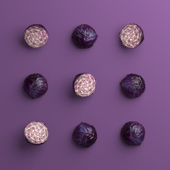 Set of red cabbages array as a tic tac toe game board on a purple background as concept for win and helty life