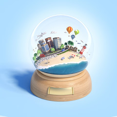 miniature beach and city with buildings, road, lighthouse, plane, air ballons and more details inside a snow globe, as souvenir concept for travel vacations in the summer, 3d render illustration