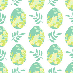 Seamless Easter background of multicolored eggs decorated with a floral pattern.Vector Hand drawn illustration in yellow and green colors.
