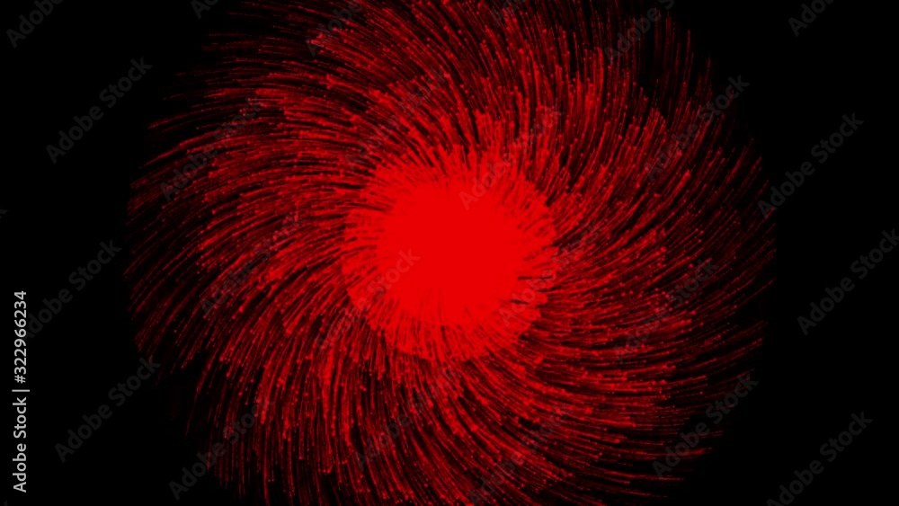 Poster abstract spiral rotating glowing red lines over black background, seamless loop. animation. fast mot