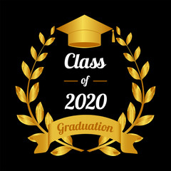 Class of 2020. Graduation certificate template. To congratulate the graduates of 2020. Golden laurel wreath and graduation hat.