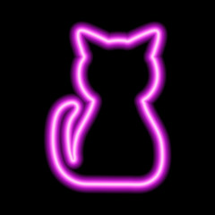 Obraz premium Pink neon sign of sitting cat on black background