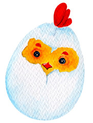 Easter Chicken in the egg, Little newborn superhero, funny easter illustration with chicken character for easter holiday creative artworks, watercolor painting