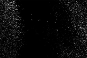 White Grainy Texture Isolated On Black Background. Dust Overlay. Light Coloured Noise Granules. Snow Vector Elements. Digitally Generated Image. Illustration, Eps 10.