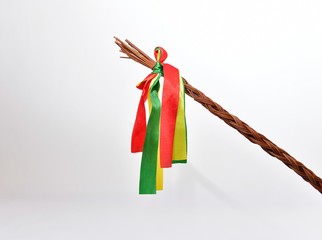 Traditional Czech Easter whip with colorful ribbons from willow branches