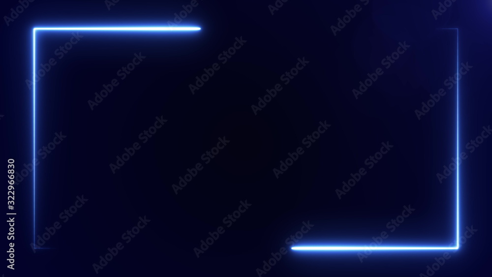 Poster blue color neon frame at the screen edge on black background. 3d rendering 4k video.