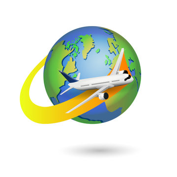Airplane flying over the globe, isolated image on a white background. Vector drawing personifying travel, flight by plane, flight. Use it as an icon for a travel site or airline ticket site.