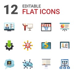 12 study flat icons set isolated on white background. Icons set with Webinar, coach, Distance Learning, Online tutorial, Global education, Presentation, Knowledge, Asynchronous Learning icons.