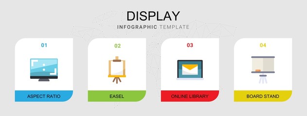 4 display flat icons set isolated on infographic template. Icons set with Aspect Ratio, Easel, Online library, Board stand icons.