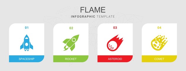 4 flame filled icons set isolated on infographic template. Icons set with spaceship, rocket, asteroid, comet icons. © Kirill