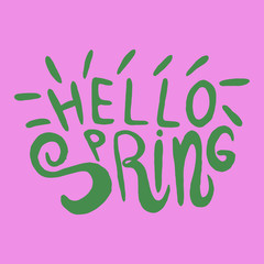 Vector illustration with inscription Spring, in hand writing style, lettering with heart, with leaves and texture, for meeting spring, holidays, womens day, printing on fabric or paper, and digital