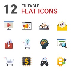 12 information flat icons set isolated on white background. Icons set with video Presentation, Video training, bicycle parking, Video marketing, Online Training, Mail marketing icons.