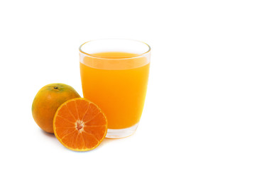 glass of juice and orange isolated on white