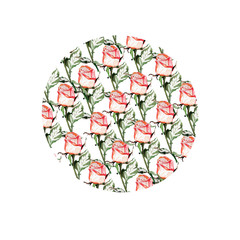 
Roses, flowers, leaves, stems. Hand drawn watercolor illustration with roses. Red flowers in buds with leaves. Composition in a circle on a white background. Blooming, spring, summer. Holiday