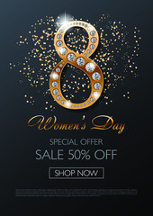 Luxury Womens Day Jewelry Sale special offer shop now poster, flyer, banner, invitation card template with golden digit 8 with diamonds on black background