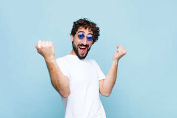 young crazy bearded man wearing sunglasses